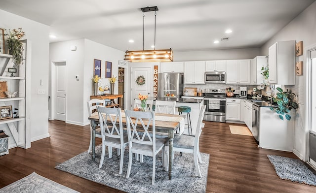 dining area featuring visible vents, recessed lighting, dark wood-type flooring, and baseboards