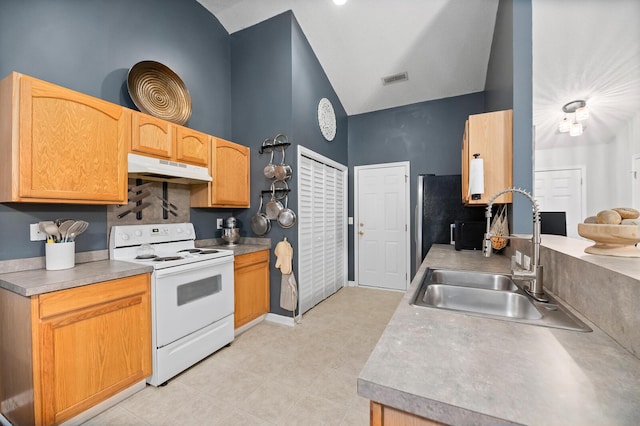 5332 Copley Cir, Summerville, SC 29485 - kitchen featuring white range with electric cooktop, a sink, under cabinet range hood, high vaulted ceiling, and light countertops