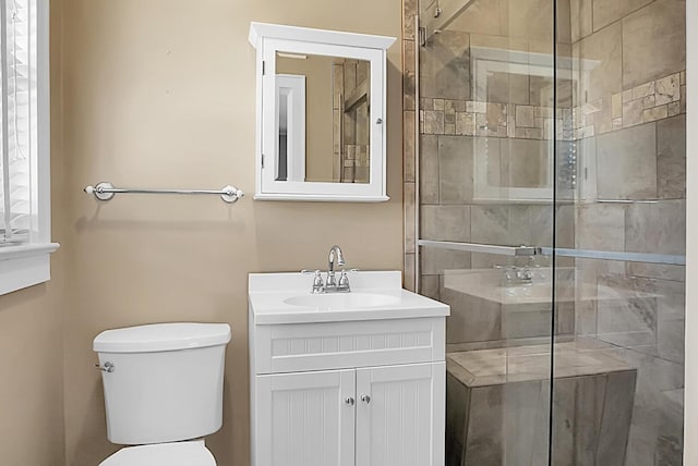 bathroom featuring a shower with door, toilet, and vanity