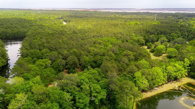 drone / aerial view with a water view and a forest view