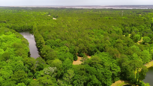 aerial view of a heavily wooded area and a nearby body of water