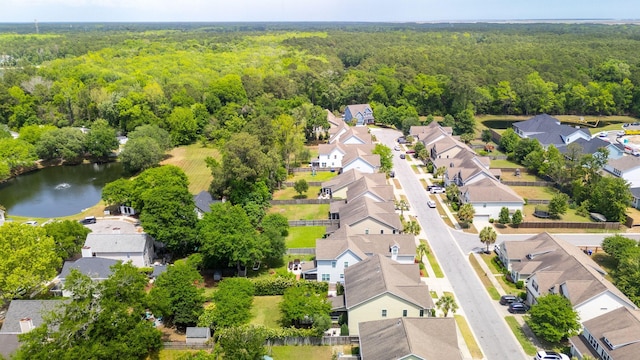 aerial perspective of suburban area with a forest and a large body of water