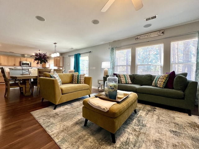 living room featuring ceiling fan and dark hardwood / wood-style flooring