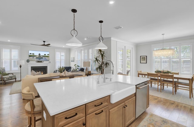 kitchen with a sink, ceiling fan, ornamental molding, stainless steel dishwasher, and open floor plan