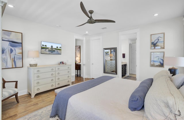 bedroom with recessed lighting, a ceiling fan, visible vents, and wood finished floors