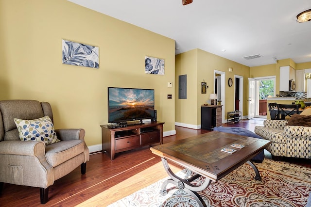 living room featuring electric panel and hardwood / wood-style floors