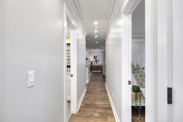 1762 James Loop Rd, Manning, SC 29102 - hall featuring attic access, ornamental molding, wood finished floors, baseboards, and recessed lighting