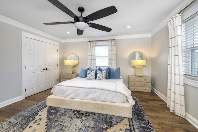 1762 James Loop Rd, Manning, SC 29102 - bedroom featuring baseboards, crown molding, recessed lighting, wood finished floors, and ceiling fan