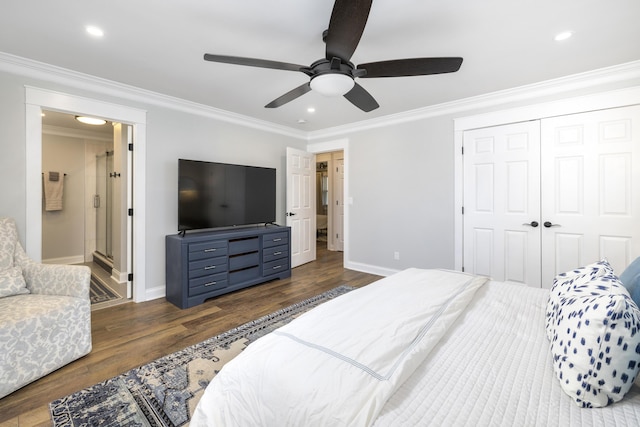 1762 James Loop Rd, Manning, SC 29102 - bedroom with ornamental molding, baseboards, dark wood-type flooring, a closet, and recessed lighting
