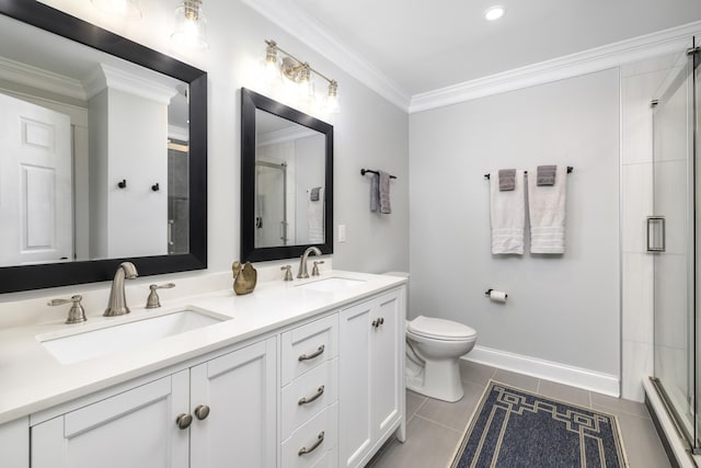 1762 James Loop Rd, Manning, SC 29102 - full bath featuring double vanity, a shower with door, crown molding, toilet, and tile patterned floors