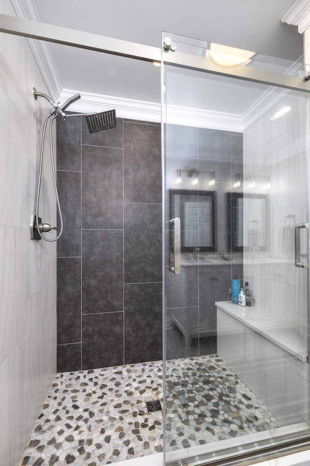 1762 James Loop Rd, Manning, SC 29102 - bathroom with crown molding and a stall shower