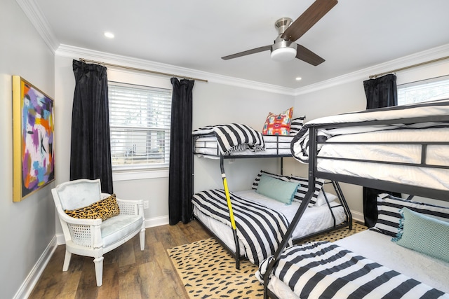 1762 James Loop Rd, Manning, SC 29102 - bedroom featuring ornamental molding, baseboards, wood finished floors, recessed lighting, and a ceiling fan
