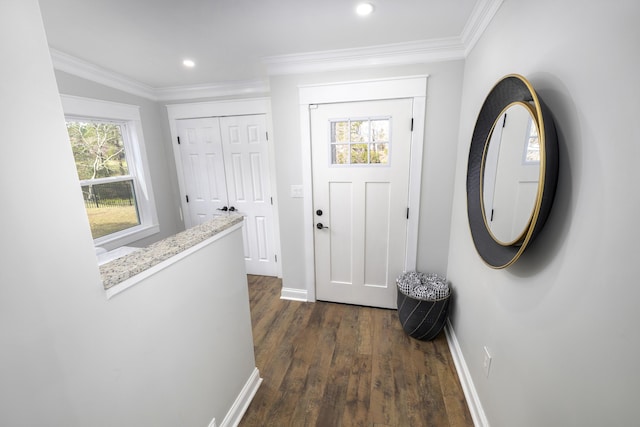 1762 James Loop Rd, Manning, SC 29102 - foyer with dark wood-style flooring, ornamental molding, baseboards, and recessed lighting