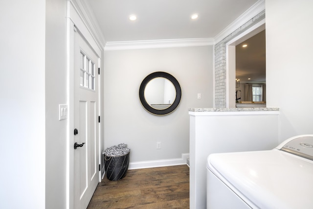 1762 James Loop Rd, Manning, SC 29102 - washroom with washer / dryer, crown molding, dark wood finished floors, recessed lighting, and baseboards