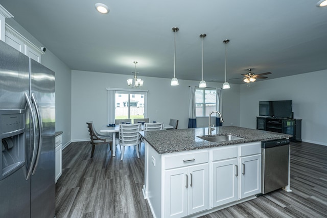 431 Buckhannon Ln, Moncks Corner, SC 29461 - kitchen with stainless steel appliances, dark wood finished floors, a chandelier, a kitchen island with sink, and recessed lighting