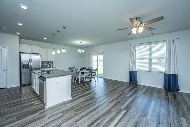 431 Buckhannon Ln, Moncks Corner, SC 29461 - kitchen with stainless steel appliances, dark wood-type flooring, a ceiling fan, recessed lighting, and white cabinets