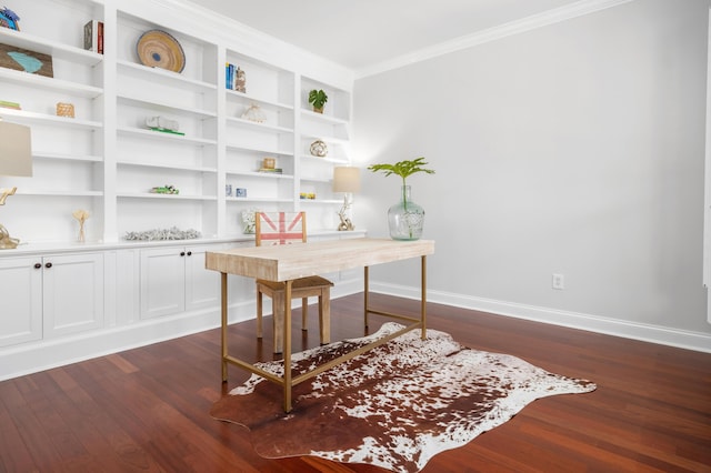 office with baseboards, dark wood-type flooring, and crown molding