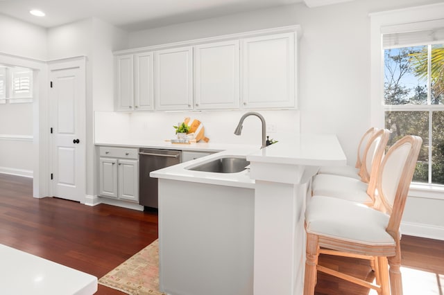 kitchen with a sink, stainless steel dishwasher, a peninsula, and dark wood-style flooring