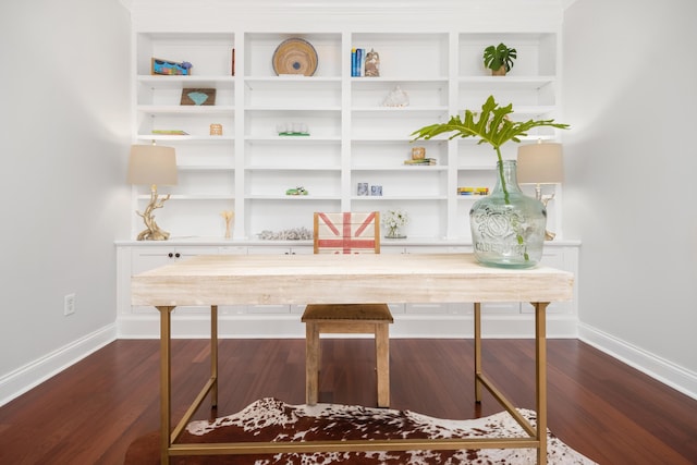 office with built in features, dark wood-style floors, and baseboards