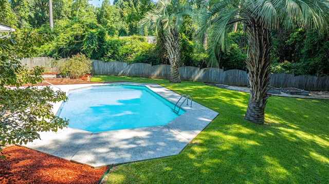 view of pool featuring a lawn