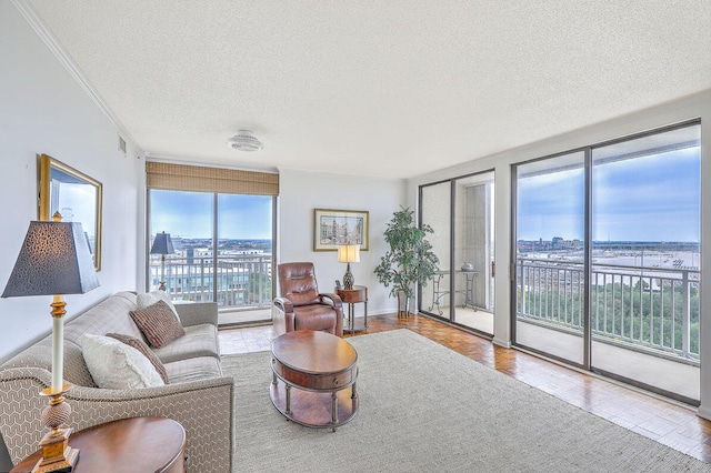 living room featuring ornamental molding, a water view, and a textured ceiling