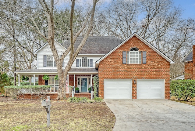 traditional-style house with covered porch, roof with shingles, concrete driveway, an attached garage, and brick siding