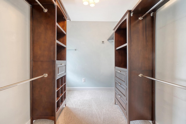 walk in closet with light colored carpet