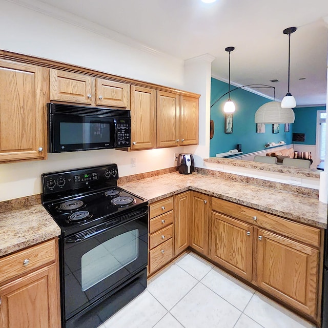 kitchen with kitchen peninsula, pendant lighting, light tile patterned floors, black appliances, and ornamental molding