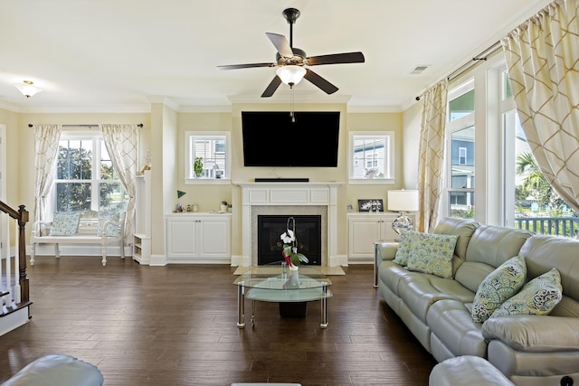 living room with ceiling fan, dark wood-type flooring, and crown molding