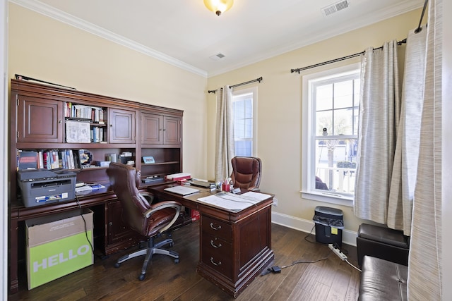 office area with dark wood-type flooring and ornamental molding