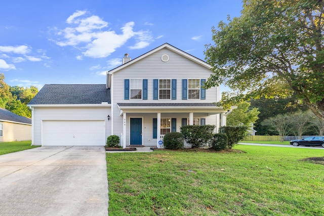 view of property with a garage, a porch, and a front lawn