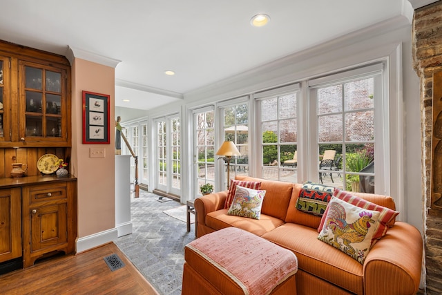 2 Bedons Aly, Charleston, SC 29401 - living area featuring recessed lighting, visible vents, crown molding, and wood finished floors