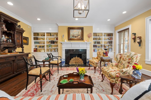 2 Bedons Aly, Charleston, SC 29401 - living room featuring recessed lighting, a fireplace, crown molding, and wood finished floors