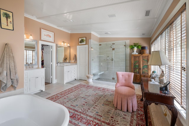 2 Bedons Aly, Charleston, SC 29401 - bathroom featuring vanity, visible vents, crown molding, and a stall shower