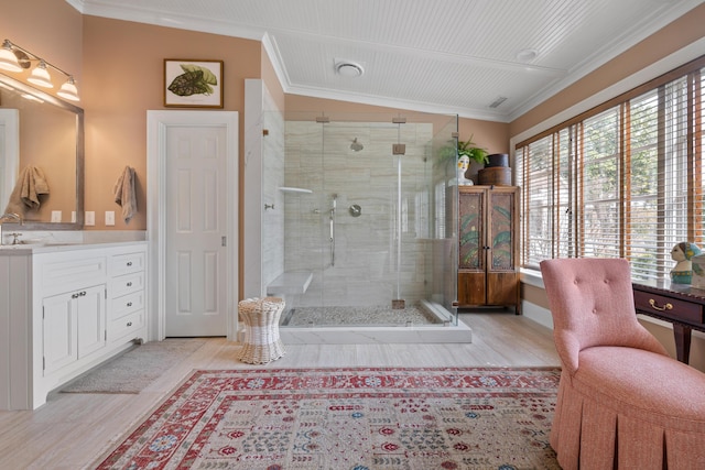 2 Bedons Aly, Charleston, SC 29401 - bathroom with a stall shower, wood finished floors, vanity, and ornamental molding