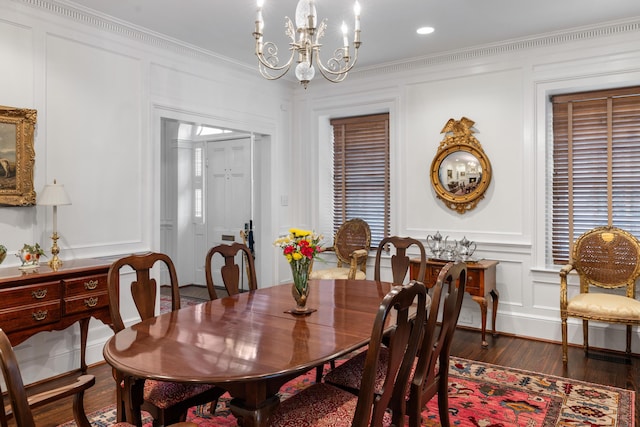 2 Bedons Aly, Charleston, SC 29401 - dining area featuring a decorative wall, wood finished floors, a notable chandelier, and crown molding