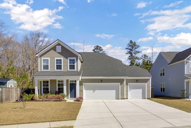 traditional home with a front lawn, a garage, driveway, and a shingled roof