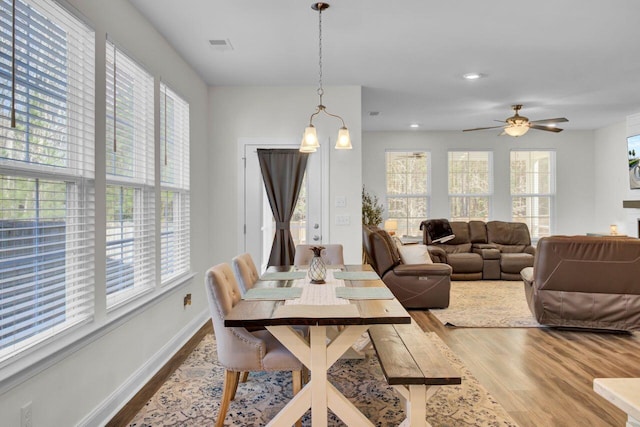 dining room featuring ceiling fan with notable chandelier, wood finished floors, baseboards, and a wealth of natural light