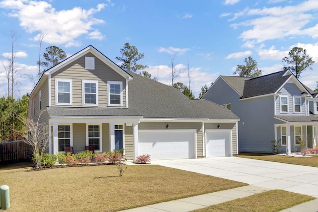 traditional home featuring a garage, concrete driveway, a front lawn, and fence