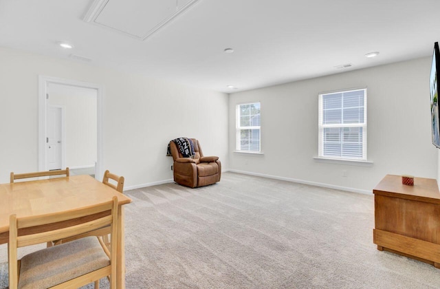 interior space with visible vents, recessed lighting, carpet, and baseboards