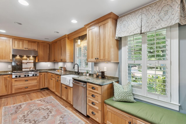 kitchen with decorative backsplash, light wood-style floors, recessed lighting, a sink, and stainless steel appliances