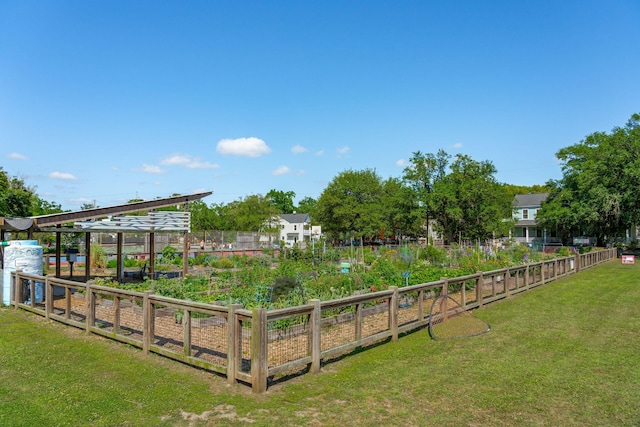 view of yard featuring fence and a garden