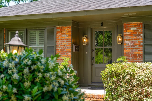 doorway to property with brick siding and roof with shingles