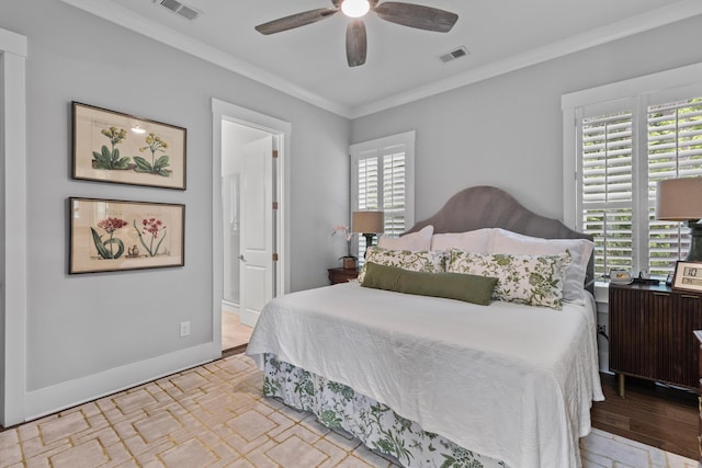 129 Martins Point Dr, Wando, SC 29492 - bedroom with multiple windows, crown molding, ceiling fan, connected bathroom, and light wood-style floors