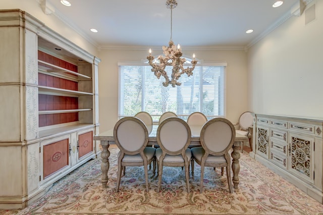 dining area featuring ornamental molding, recessed lighting, built in shelves, and an inviting chandelier