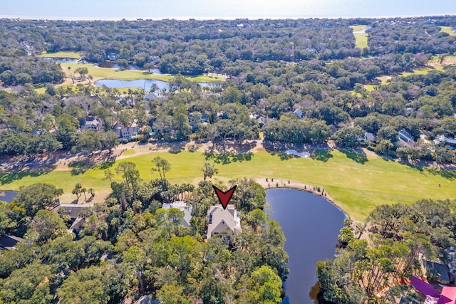 bird's eye view with a water view and view of golf course