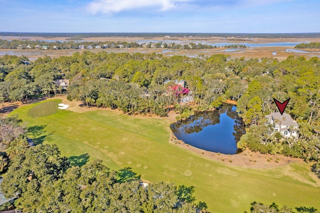 bird's eye view with a water view and a forest view