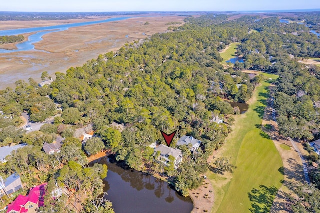 bird's eye view featuring a water view and a forest view