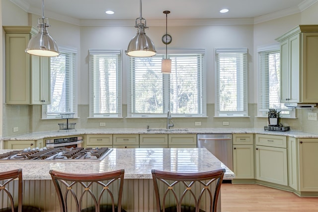 kitchen with appliances with stainless steel finishes, a sink, light wood-style flooring, and ornamental molding