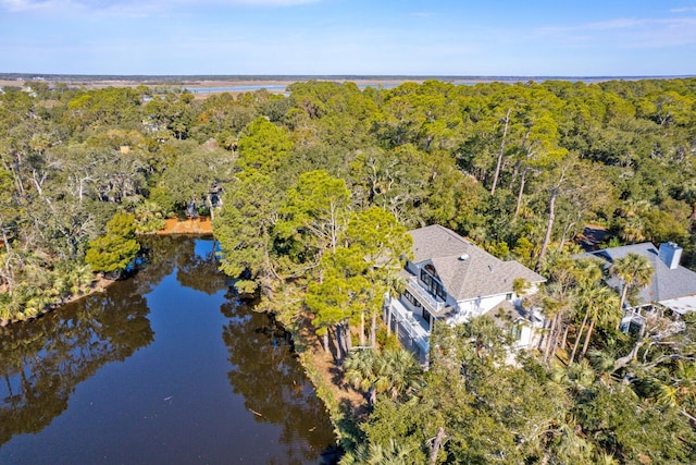 birds eye view of property with a water view and a view of trees